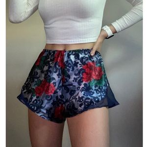 Vintage Blue Satin Floral Rose Mesh Pajama Shorts